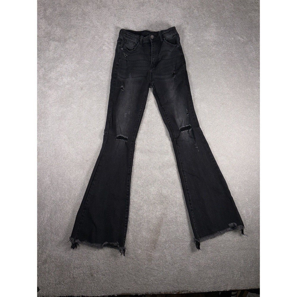 risen black flare jeans raw hem distressed 26/3 High Rise